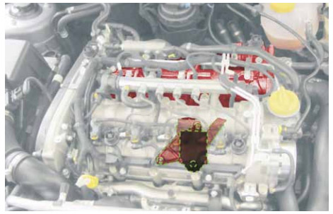  Motorraumbild Opel Vectra: Das Saugrohr mit AGR-Ventil ist rot hervorgehoben