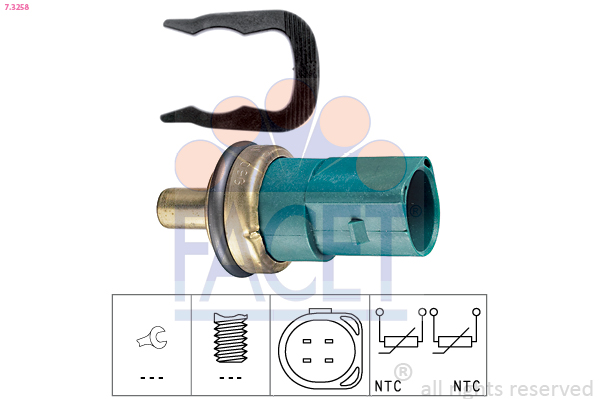 7.3258, Sensor, coolant temperature, FACET, 059919501A, 1100619, 078919501C, 1124770, XM21-8A570-BA, 1009190017, 109385, 171916011090, 1.830.258, 26103, 330141, 33781, 4014, 530258, 6PT009107-141, 700104, 70511511, 82104, 82.538, TS10236, TSE7, V10-72-0955, WS2604, 32510, 330496, 33783, 4018, 82105, 82.539, TS10236-12B1