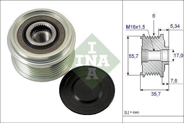 535007710, Alternator Freewheel Clutch, Schaeffler INA, 0101540302, 211242, 4805450, 66215-43802, 93169267, 93743440, 0101541602, 4805492, 66215-45302, 96627029, 0101544902, 4811550, 66215-45402, 96866018, 0101547402, 4814335, 66215-53115, 0101547702, 4817806, 6621543802, 96988215, 6621545302, 6621545402, 6621553115, 0111540502, 6041500160, 6041500560, A0101540302, A0101541602, A0101544902