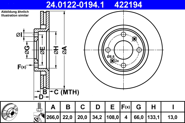 24.0122-0194.1, Brake Disc, ATE, 1629058880, 3637225, 1647868480, 3556159, 4246W1, 4246W7, 424915, 424916, 4249G1, 424983, 0986478618, 09.8695.10, 14.0755, 142.476, 186695, 201929, 21120, 23-0555, 440.3105.00, 50364, 562128B, 562128J, 6603.10, 800-555, 8DD355108-341, 98200111501, BAR22194, BDC5240, BG3620, BS5240