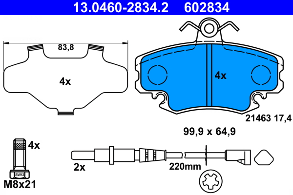 13.0460-2834.2, Sada brzdových destiček, kotoučová brzda, Destičky brzdové př., ATE, 6001547619, 7701202516, 7701202848, 7711130071, 7701202894, 7701208265, 6001547911, 7701203282, 7701203775, 7701209639, 410602192R, 7701203795, 7701202284, 7701210142, 7701202285, 7701203796, 7701203797, 7701204066, 7701204357, 7701204358, 7701204833, 7701349970, 7701349973, 7711130036, 6025071042, 7701201669, 7701202289, 7701202712, 7701202895, 7701203129