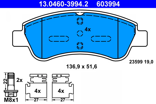 13.0460-3994.2, Sada brzdových destiček, kotoučová brzda, Destičky brzdové př., ATE, 1611140680, 1611293980, 3649088, 1610489680, 1614005880, 425475, 1617292380, 425423, 1647863780, E172558, 1613192280, 425338, 425342, 425240, 425341, 425239, 425330, 425276, 425218, 425259, 425486, 1637014580, 425238, 425221, 1646186180, 0840.10, 0986AB3808, 13.0470-3994.2, 16432, 181388