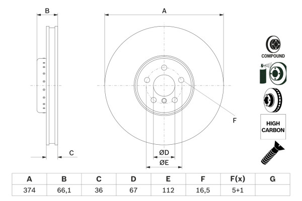 0986479F60, Bremsscheibe, BOSCH, 34106880077, 34116875283, 09D89513, 150295420, 175493, 24013601412, 3115142, 65181HC, 673374, 92290325, ADBP430097, B2561V, BS9982HC, DSK3538, MDC83208LC, V1424LB1, 150295432, 92312805, B2561VR, DSK3538B, 150295452