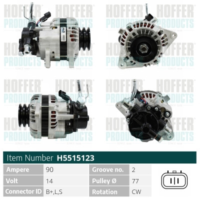 HOFH5515123, Generátor, Alternator, HOFFER, 37300-42860, 37300-42862, 37300-42863, 37300-42870, 37300-42871, 063532606010, 113519, 155.608.090, 20193311BN, 2032113.0, 210332, 22956N, 26922, 401717RI, 450179, 471290181, 4G0091, 5515123, 600006, 8EL011-711-271, A12-0114, A3255(VALEO), AF190216, AG0588, AL-179JM, CAL32113, DRA4176, G103491, H5515123, J5110526