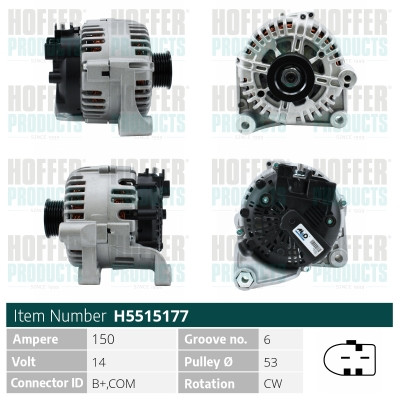 HOFH5515177, Generátor, Alternator, HOFFER, 12317790548, 12317795620, 12317797519, 12317797520, 12317799180, 12317799181, 12317802471, 12317802927, 12318517262, 063731904010, 0986080580, 114720, 200154, 2015330.0, 20179033BN, 210499, 21338N, 2151701502, 215.532.150, 28-5570, 301904RI, 32080580, 471290080, 4779, 4G0066, 5515177, 831011007, 8EL012429-291, 9212434, A12-0046