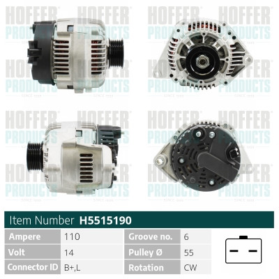 HOFH5515190, Lichtmaschine, HOFFER, 7700105539, 8111921, 7700436671, 8200193100, 063731444010, 0986042181, 112059, 200126, 2015146.0, 20179641BN, 210222, 28-4540, 301444RI, 32042181, 4020, 471290435, 4G0321, 5515190, 575.548.110, 71-0477, 8EL011710-281, A12-1014, A3281, AG0525, ALTL242, AX6003, CA1444IR, CAL15146, DRA3717, G103015
