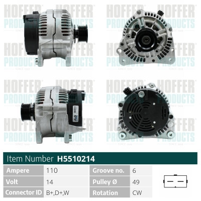 HOFH5510214, Generátor, Alternator, HOFFER, 021903017, 1516631R, 021903023J, 023903023, 023903023B, 028903018, 028903018X, 028903025H, 028903025HX, 037903023Q, 037903023QV, 037903023QX, 038903023H, 0120485043, 063533100190, 101503, 111353, 11203165, 200101, 2010338.0, 20108701OE, 210621, 211150702, 28-2633, 301249RI, 305.502.070, 32038390, 4394, 471290053, 4G0142