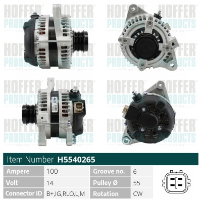 HOFH5540265, Lichtmaschine, HOFFER, 27060-0T050, 27060-0T051, 27060-0T090, 27060-0T091, 27060-37050, 27060-37051, 063377533010, 0986082350, 104210-2180, 114694, 195.948.100.050, 20132203BN, 20359R, 2040302, 209360, 28-5965, 4276, 471290392, 4G0285, 553471RI, 5540265, 57372, 831013035, 849171, 8EL011712-841, A12-0376, A6061, AEK3353, AG1156, CA2126IR
