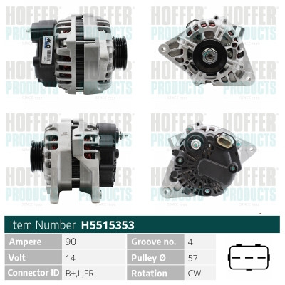 HOFH5515353, Generátor, Alternator, HOFFER, 37300-23650, 030700, 063731927010, 0986084220, 11311, 11311N, 114857, 12060902, 2032129, 210652, 224197902, 2655635, 285663, 301927RI, 471290450, 5515353, 56043, 9090539F, 9414, A0002655635, A12-0670, A3233(VALEO), AG2104, ALC397, CA1927IR, CAL32129, DRA0225, G102246, H5515353, J5110536