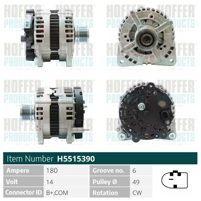 HOFH5515390, Lichtmaschine, HOFFER, 03H903026A, 03L903024LX, AHVW0009061000, 03L903023NX, HVW0009061000, 03L903024E, 03L903024L, 03L903024N, 3L903023N, 3L903023NX, 3L903024E, 3L903024L, 3L903024LX, 3L903024N, 6A903023FX, 063736195010, 0986083850, 1003666, 20017N, 200217, 2015398, 20179893BN, 205.539.180.010, 209194, 28-5764, 32439783, 471290477, 4G0875, 5515390, 553625RI