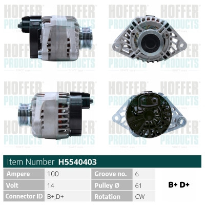HOFH5540403, Alternator, HOFFER, 46782212, 46782213, 60816557, 71721106, 063321819010, 0986049231, 101210-1510, 101517, 105.505.100.050, 113943, 119962, 20104301BN, 20201009, 2030103, 2181681002, 28-3750, 301558RI, 32049400, 437790, 4497, 471290015, 4G0009R, 5540403, 71-0492, 8EL011710-501, A12-0003, A4043, AL-103JM, ALTL129NE, AX6027