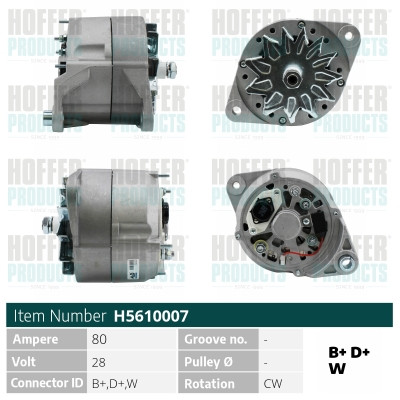 HOFH5610007, Alternator, HOFFER, 1096757, 1096758, 3986428, 3986429, 8113477, 8113915, 8144401, 8156816, 8156817, 0120468093, 100562, 111631, 12596N, 20101916BN, 2010619, 210305, 2202, 30907RI, 359002801020, 437352, 471290350, 482563, 48941, 5610007, 816.004.080.010, 8EL012584-211, A0008, A24-0078, AG0023, ALTL255