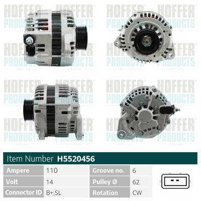 HOFH5520456, Lichtmaschine, HOFFER, 23100-0L700, 23100-0L701, 23100-2Y000, 23100-2Y005, 23100-2Y900, 23100-31U00, 23100-31U01, 23100-5Y700, 23100-9Y500, 23100-CN100, 0986045621, 111381, 13639R, 165.525.110.081, 20145141BN, 2020141.0, 209482, 401357RI, 40197, 437683, 471290405, 4G0350, 5520456, 57267, A12-0476, A2008, ALD440, CAL20141, G104547, H5520456