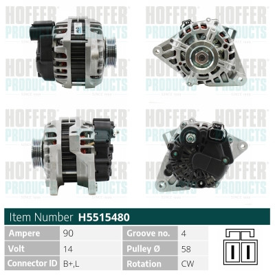 HOFH5515480, Generátor, Alternator, HOFFER, 37300-22650, 37300-23600, 063731789010, 0986049191, 11011N, 113657, 13784, 155.537.090.000, 20193011, 2032110, 210022, 2655023, 28-4814, 401788RI, 471290475, 4G0091, 5515480, 831043010, 8EL011-711-311, A12-0165, A3369PR, ALC966, ALTW277, CAL32110, DAN1495, G102227, H5515480, J5110517, JA1789IR, LEA0553