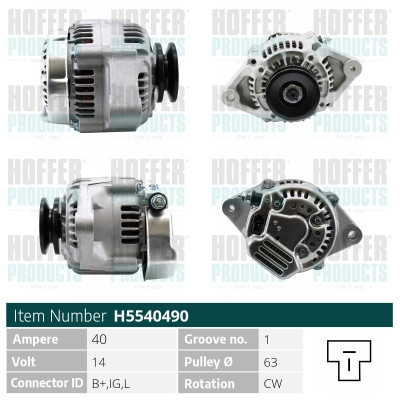 HOFH5540490, Alternator, HOFFER, 1157326, 17580-64010, 101211-3720, 114411, 115.512.040.050, 13127N, 2040128, 209442, 471290494, 553143RI, 5540490, 9338, A12-1224, A6163(DENSO), CAL40128, H5540490, 115.512.040.260, 2040128.0, 209442A, 553143RID, A12DE1224, CAL40128AS, DAN1067, F032114411, 115.512.040.415, 2040128.1, A12DE1224A2, CAL40128GS, 115.512.040.785, CAL40128KS