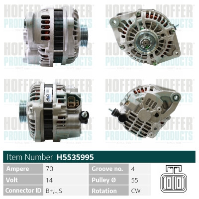 HOFH5535995, Generátor, Alternator, HOFFER, 0K20118300, A002T39391, B6BF18300, 0K20118300A, A002T39391A, B6BF18300D, 0K20118300B, A002T83491, BPE818300, A002TA3991, BPE918300, OK24118300, A002TA5891, BPE918300A, OK2A218300, A002TA5891A, Z50518300A, A2T39391, A2T80391, A2T83491, A2TA3991, A2TA5891, 002-M401, 031299, 0986040541, 111807, 12060106, 13559, 13559N, 20110413