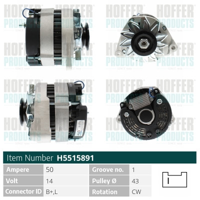 HOFH5515891, Alternator, HOFFER, 0000570584, 0095493931, 570584, 95493931, 0120489163, 111075, 2015179, 20179971, 225.002.055.000, 28-0801, 30164RI, 32489194, 4126, 432739, 471290728, 5515891, 55633, 89212843, 8EL015643-701, A12-1304, A3013, AEA4145, AG0276, ALTL334, CA291IR, CAL15179, CGB-80801, DA2110, G102998, H5515891
