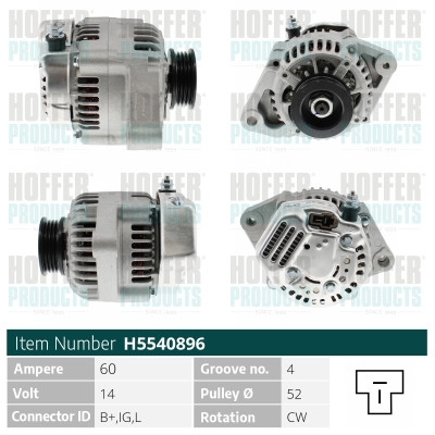 HOFH5540896, Lichtmaschine, HOFFER, 27020-97203, 27060-97202, 27060-97203, 002-I130, 063377512010, 0986045461, 101211-2730, 115.510.060.050, 20152701, 2044107, 209547, 28-3811, 2I130, 401609RI, 471290733, 5540896, 8EL011712-271, A12-1307, A6199(DENSO), AEB1609, ALI130, CAL40251AS, DRA4183, H5540896, J5116022, JA1609IR, LRA01925, 101211-2750, 115.510.060.415, 20152701BN