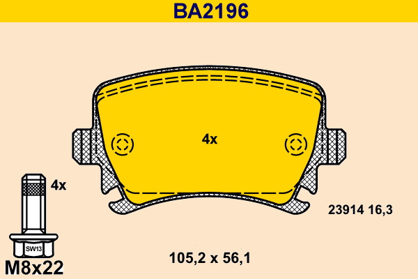 Brake Pad Set, disc brake - BA2196 BARUM - 1K0698451F, 5N0698451, JZW698451M