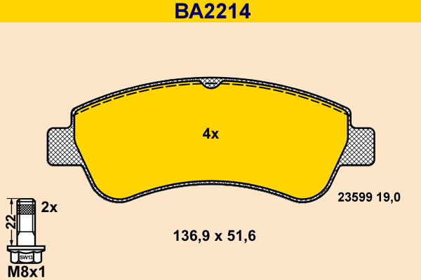 BA2214, Sada brzdových destiček, kotoučová brzda, Destičky brzdové př., BARUM, 1611140680, 1611293980, 425218, 425221, 425276, 425475, 1614005880, 425259, 425423, 425330, 425341, E172558, 1613192280, 1610489680, 425338, 425238, 425342, 425240, 425486, 425239, 0840.30, 0986494027, 13.0460-3994.2, 16432, 181388-701, 223741, 23599.190.1, 2359919014, 2840.10, 493
