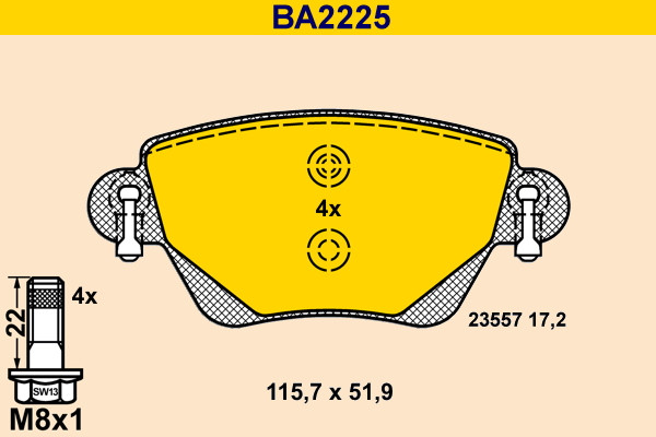 Brake Pad Set, disc brake - BA2225 BARUM - 1207104, 7701207187, C2S33408