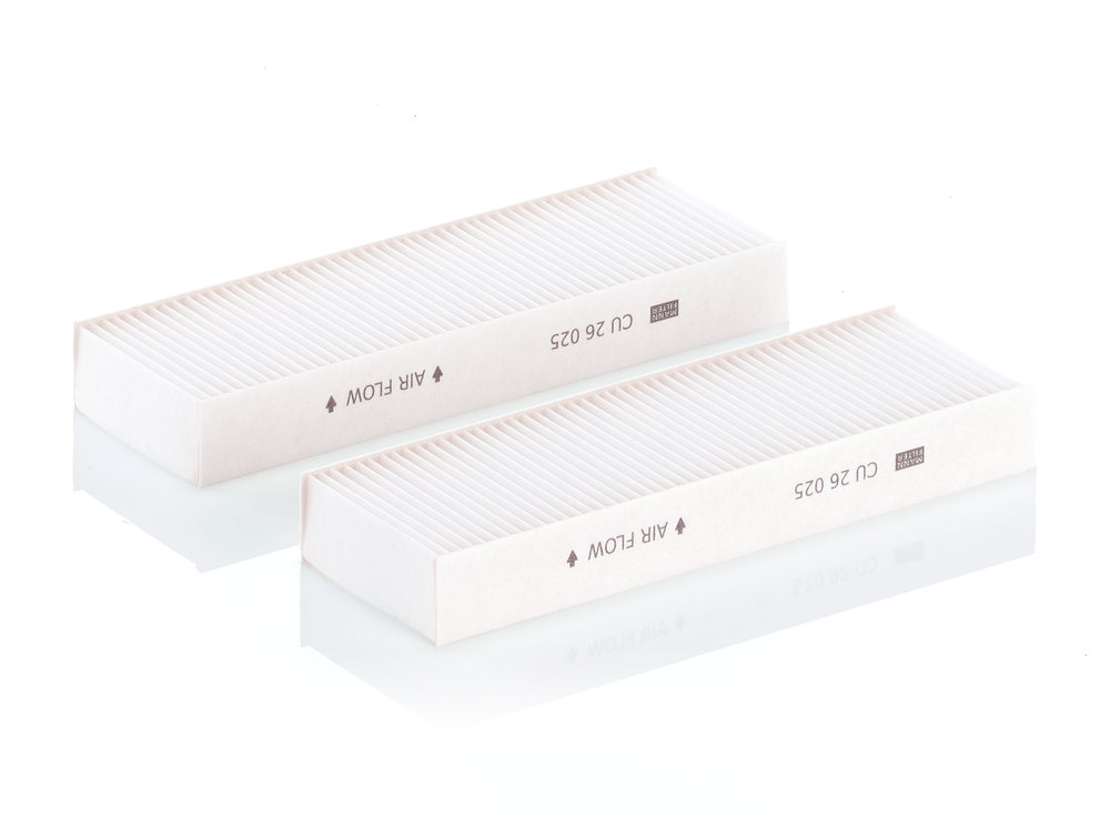 CU 26 025-2, Filter, cabin air, MANN-FILTER, 9833350880, 9860111080, 1690955280, 17610, 1987435149, 350094, 350208066810, 49457420, 53.587.00, 8550508241, AH725-2, ALC-5117, CF12576-2, CUK26025-2, DCF607P, DP1110.12.0408, E6902LI-2, E820-2, FCA-10032, HBA240-2, HC7402-2, J13408101, JLR7425, K1433-2x, K9250-2, LA1256/1/S, MS-6547, NC2427, PC8566-2, QFC0558