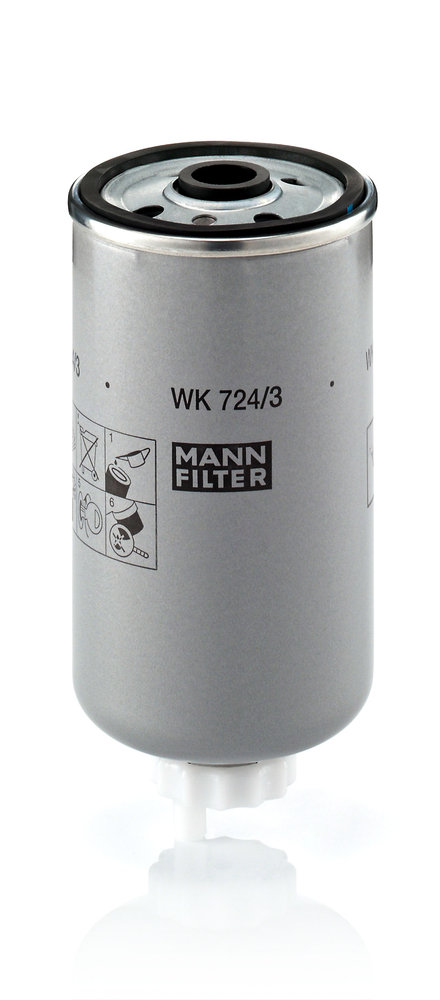 WK 724/3, Fuel Filter, MANN-FILTER, 1908556, 5001859430, A00660, 500041177, 1457434320, 1535399, 24.394.00, 7.24018, BG-1527, CS1090, DN323, EFF287D, FFF-10245, FI7162/3, KC373, PDS71/1, S4394NR, SK3820/3, SN80020