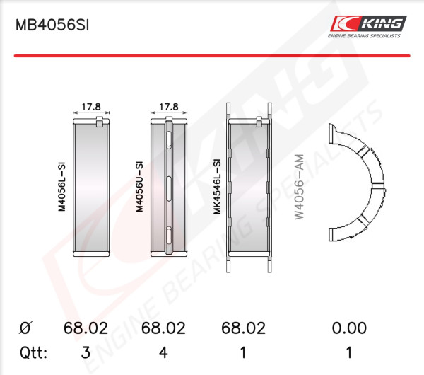 MB4056SI0.25, Kurbelwellenlagerschalen-Satz, KING, AJ0311SGO, AJ57-11-391, MS-2207A-.25mm