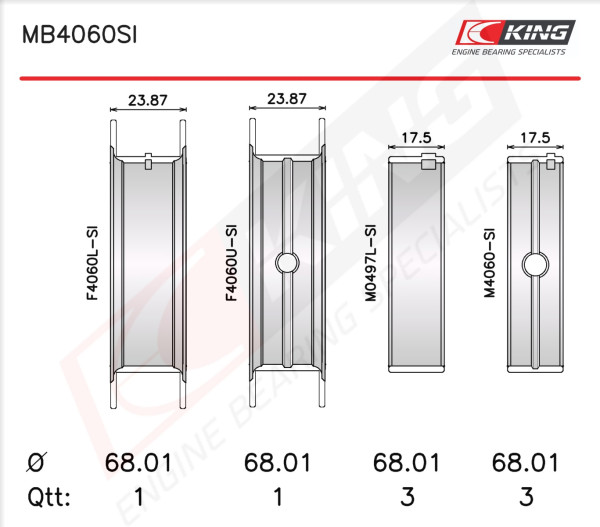 MB4060SI0.25, Crankshaft Bearing Shell Set, KING, MS-1946A-.25MM