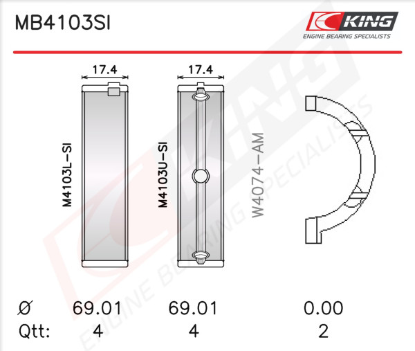MB4103SI0.25, Crankshaft Bearing Shell Set, KING, MS-2210A-.25MM