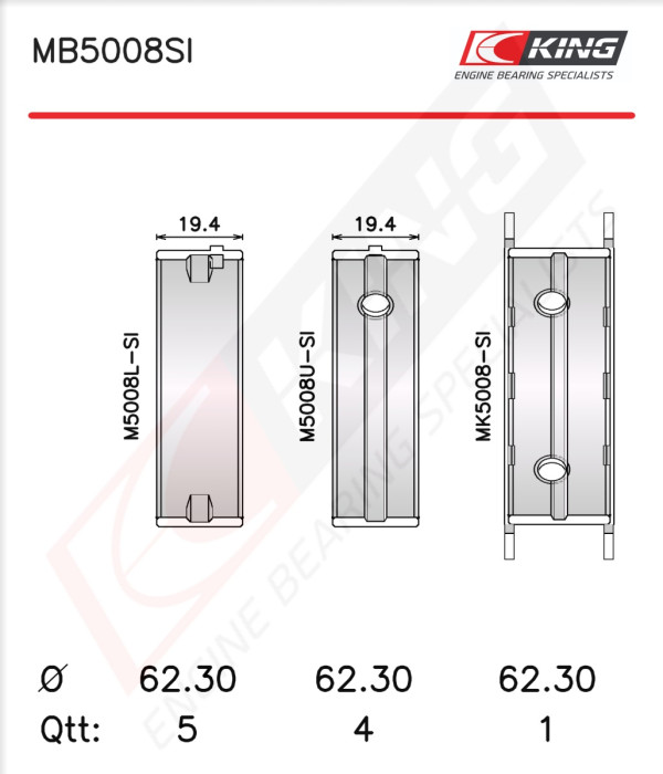 MB5008SI, Crankshaft Bearing Shell Set, KING, 6646693, 014HS20669000, 180021000300, H1086/5STD, MS-2208A, 1663867, 5M7193A, 60-2102-00, 6646690, 7193M, 7193MA, 928M6333AID, 928M6A338AID, AEM5593, AN5242SA, BC-735-J, H1086/5, MB-1985P, MB5008AM, MS-2208P