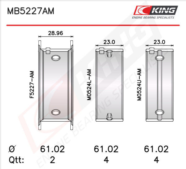 MB5227AM0.25, Sada ložiskových pánví pro klikový hřídel, Lož.hl.(HL)set/Cyl., KING, MS-2076A-.25MM