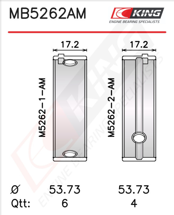 MB5262AM, Crankshaft Bearing Shell Set, KING, 0113.E6, 039HS19971000, 180037000200, H1087/5STD, 0113.E7, 0113.E8, 0113.E9, 0113.F0, 0113.F1, 0133.E9, 3608.1B, 3639.3B, 60-3701-00, 6037010000, 7196M, 77781600, 9613929280, 9621832880, 9626531280, AEM5627, AN5288SA, BC-733-J, H1087/5, MB5262AM