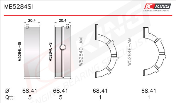 MB5284SI0.5, Crankshaft Bearing Shell Set, KING, Dodge Durango Jeep Commander Grand Cherokee-II Grand Cherokee-III EVA EVC 1999+, MS-2242P-.50mm