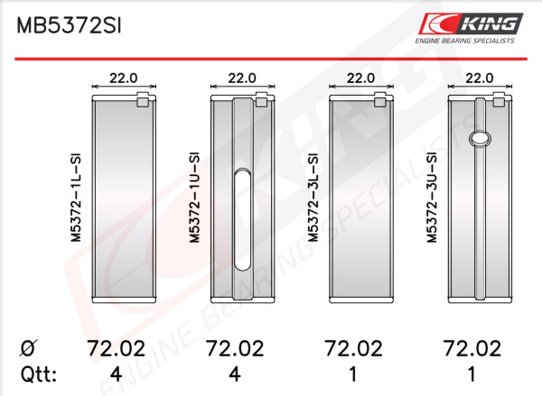 MB5372SI, Crankshaft Bearing Shell Set, KING, Mitsubishi Canter Pajero-III/IV 4M40* 4M41* 2001+, ME200665, H1247/5STD, 5M1778, 60-8726-00, BC-860-J, H1247/5, ME200022, MS-1832GP