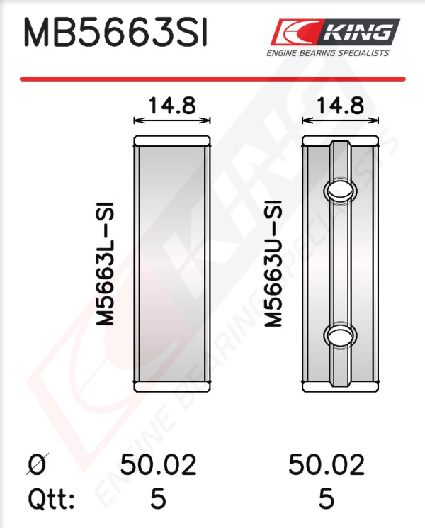 MB5663SI, Crankshaft Bearing Shell Set, KING, 11701-23050, 11701-BZ091-02, H1296/5STD