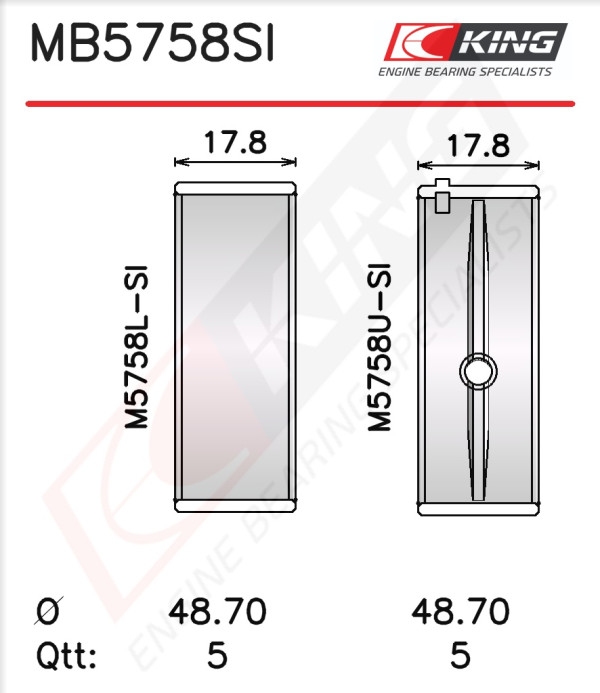 MB5758SI0.5, Kurbelwellenlagerschalen-Satz, KING, BMW 1(F20) (F21) 3(F30) (F31) (F80) Citroën Berlingo C3 C4 C5 DS3 DS4 DS5 Mini (R56) Peugeot 207 308 508 2008 3008 5008 Partner N12B16 N13B16 N14B16 N16B16 N18B16 5FT 5FT 5FV EP6CD* EP6DT* 2010+