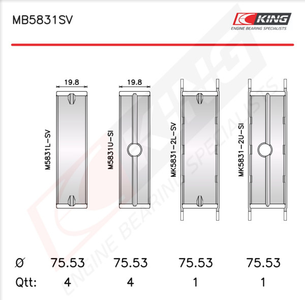 MB5831SV, Sada ložiskových pánví pro klikový hřídel, Lož.hl.(HL)set/Cyl., KING