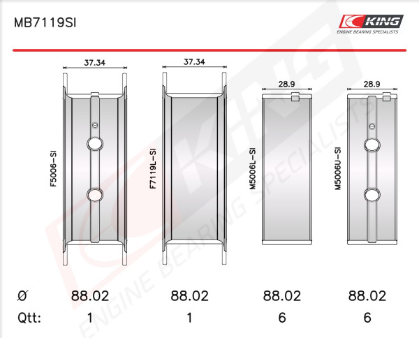 MB7119SI0.25, Crankshaft Bearing Shell Set, KING