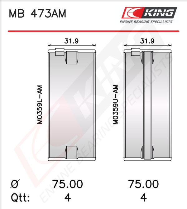 MB 473AM0.5, Crankshaft Bearing Shell Set, KING, 12207-37502, MS-1332P