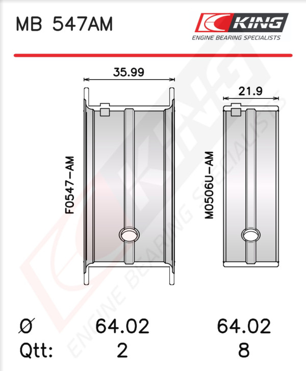 MB 547AM0.75, Crankshaft Bearing Shell Set, KING, 11702-33012