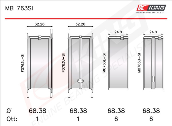 MB 763SI, Crankshaft Bearing Shell Set, KING, MS-704P, 4289M, 7M704A, 7M704P, BC315J, BC-315-J, MB-704P, MS-704AL