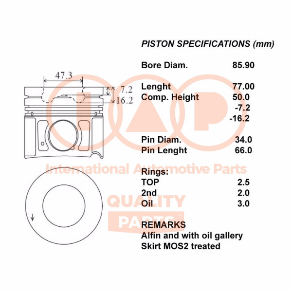 Piston with rings and pin - 100-07007 IAP QUALITY PARTS - 20HY042, 681PI00107002, 10007007