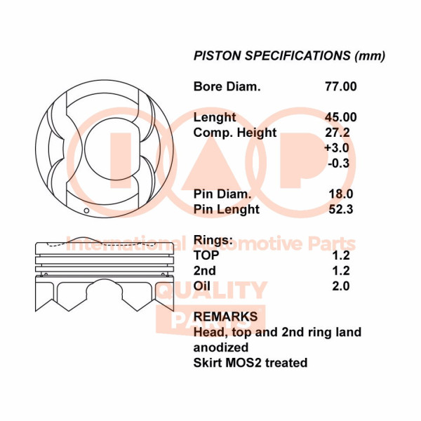 Piston with rings and pin - 100-07100 IAP QUALITY PARTS - 230402B600, 23040-2B600, 230402B650