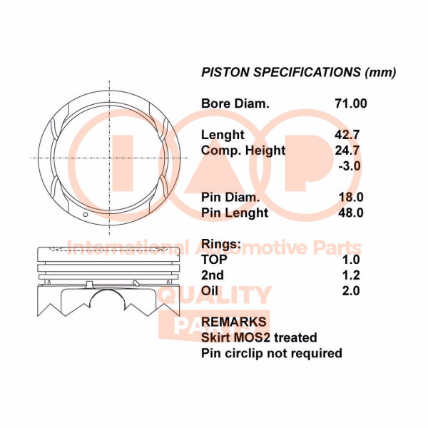 Piston with rings and pin - 100-07149 IAP QUALITY PARTS - 20HY035, 10007149, 2304003000