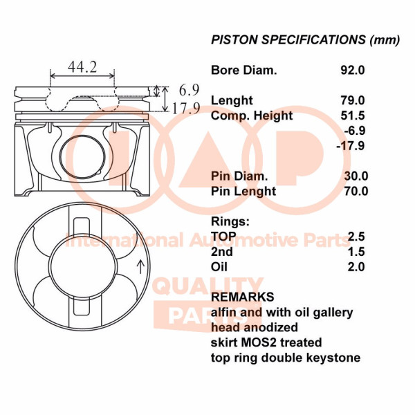 Piston with rings and pin - 100-10054 IAP QUALITY PARTS - 20CH001, 5066759AA, 5066759AB