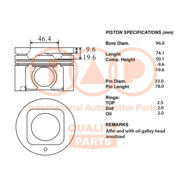 Piston with rings and pin - 100-13034 IAP QUALITY PARTS - 20NI030, 9127, KI127