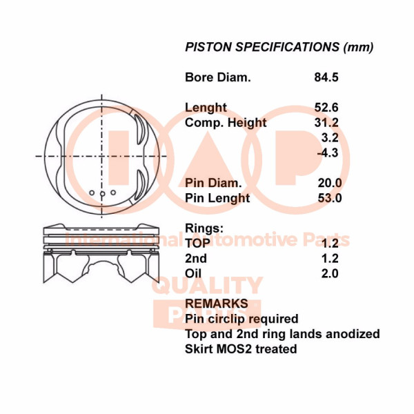 Piston with rings and pin - 100-13111 IAP QUALITY PARTS - 20NI095, 10013111, 100-13111