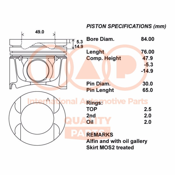 Piston with rings and pin - 100-13172 IAP QUALITY PARTS - 20NI106, PK20000, 1200000Q0C