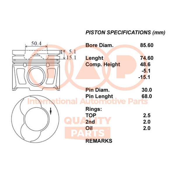 Piston with rings and pin - 100-14075 IAP QUALITY PARTS - 20RV029, 41704610, 8743670800